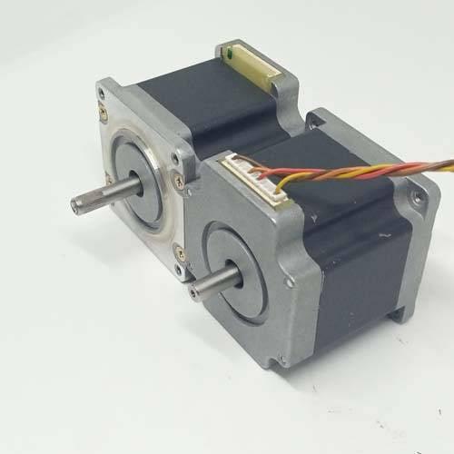 Dual Shaft NEMA 23 2A Stepper Motor For CNC 3d Printer - two silver and black motors with front-facing shafts and white electrical connectors with attached wires.