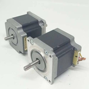 Dual Shaft NEMA 23 2A Stepper Motor For CNC 3d Printer - shown as two grey and black square motors with metal shafts and white electrical connectors.