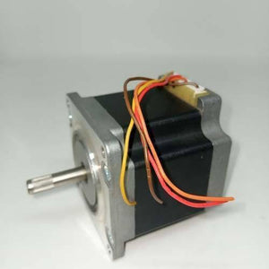 Dual Shaft NEMA 23 2A Stepper Motor For CNC 3d Printer - a black and silver square motor with a splined metal shaft and four colored wires.