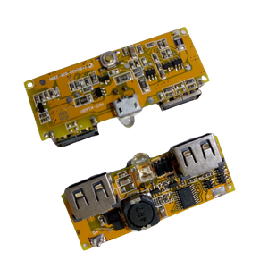 Dual USB 18650 Battery Charger Power Bank Module 5V 1A 2A - shown from both sides, featuring yellow circuit boards, USB ports, and a micro-USB connector.