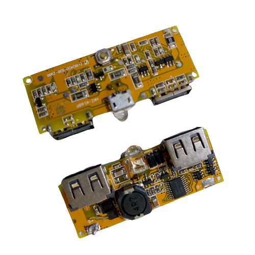 Dual USB 18650 Battery Charger Power Bank Module 5V 1A 2A - shown from both sides, featuring yellow circuit boards, USB ports, and a micro-USB connector.