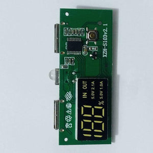 Dual USB 18650 Battery Charger Power Bank Module 5V 1A 2A - green circuit board with two USB ports, a button, an LED, and a digital display showing 100%.