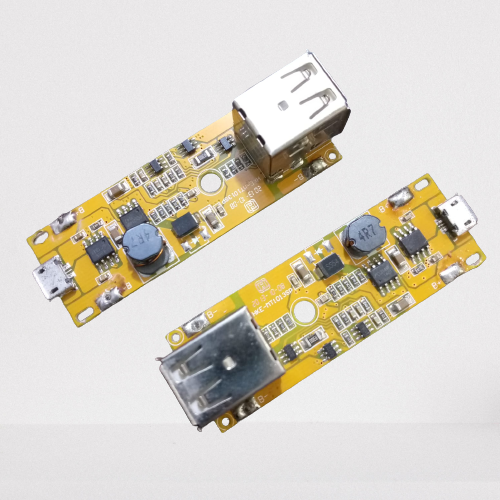 Dual USB 5V 2A Power Bank Module - shown as two yellow circuit boards, each featuring a USB-A port, a micro-USB port, and an inductor.