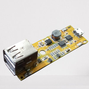 Dual USB 5V 2A Power Bank Module - a yellow circuit board with a micro-USB input port, a USB-A output port, an inductor, and various components.