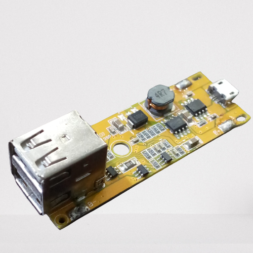 Dual USB 5V 2A Power Bank Module - a yellow circuit board with a micro-USB input port, a USB-A output port, an inductor, and various components.