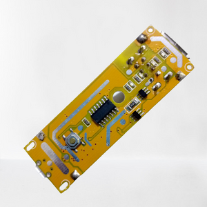 Dual USB 5V 2A Power Bank Module - a yellow rectangular circuit board with a button, an integrated circuit, and surface-mounted components.