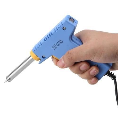Dual Wattage Electric Temperature Gun Soldering Iron TU-127A - a blue plastic body, a metal heating tip, and a power cord.