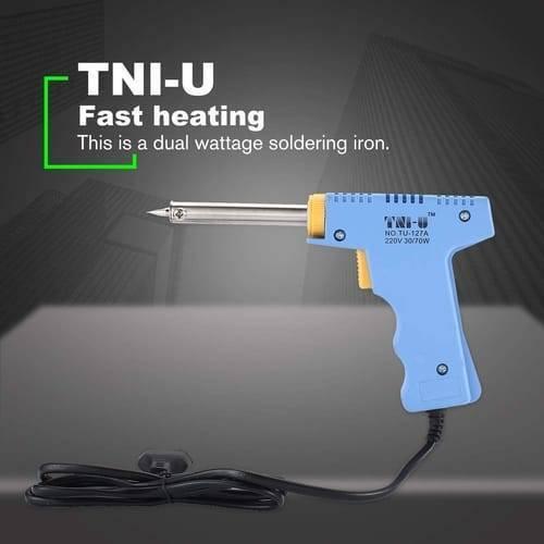Dual Wattage Electric Temperature Gun Soldering Iron TU-127A - shown as a blue pistol-grip soldering iron with a yellow trigger and a black power cord.