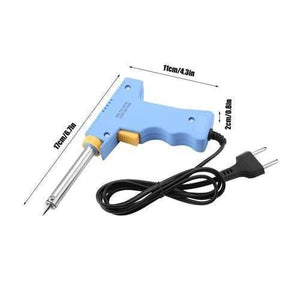 Dual Wattage Electric Temperature Gun Soldering Iron TU-127A - shown in a blue pistol-grip design with a yellow trigger, power cord, and dimension labels.