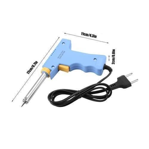 Dual Wattage Electric Temperature Gun Soldering Iron TU-127A - shown in a blue pistol-grip design with a yellow trigger, power cord, and dimension labels.