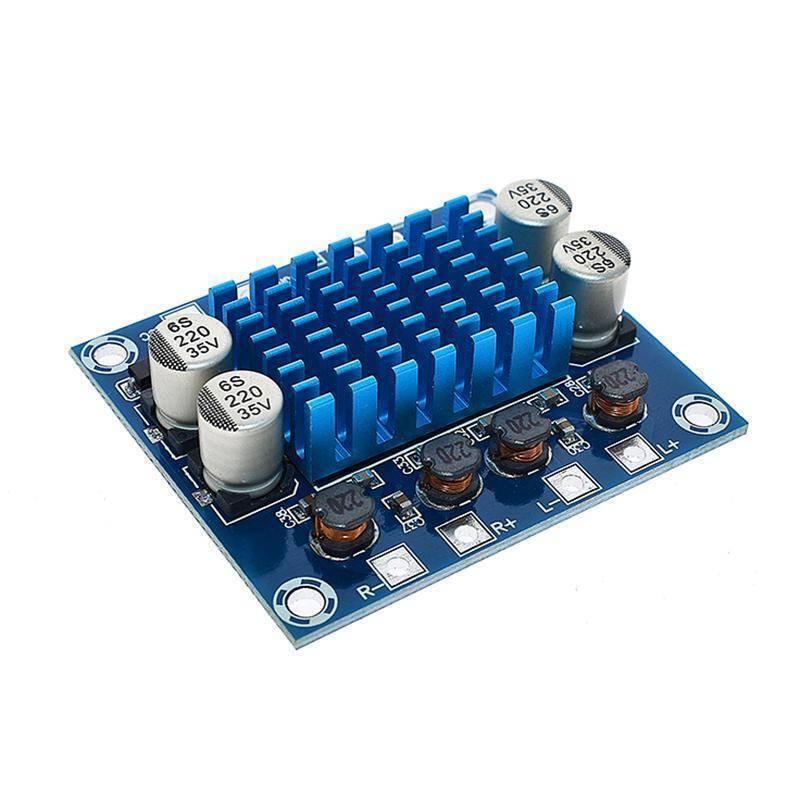 Durable TPA3110 XHA232 30W + 30W 2.0 Channel Digital Stereo Audio Power Amplifier Board - a blue circuit board with a heat sink, four capacitors, and terminals.