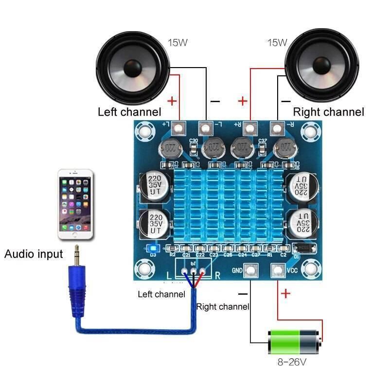 Durable TPA3110 XHA232 30W + 30W 2.0 Channel Digital Stereo Audio Power Amplifier Board - connections to two 15W speakers, a smartphone audio input, and an 8-26V power source.