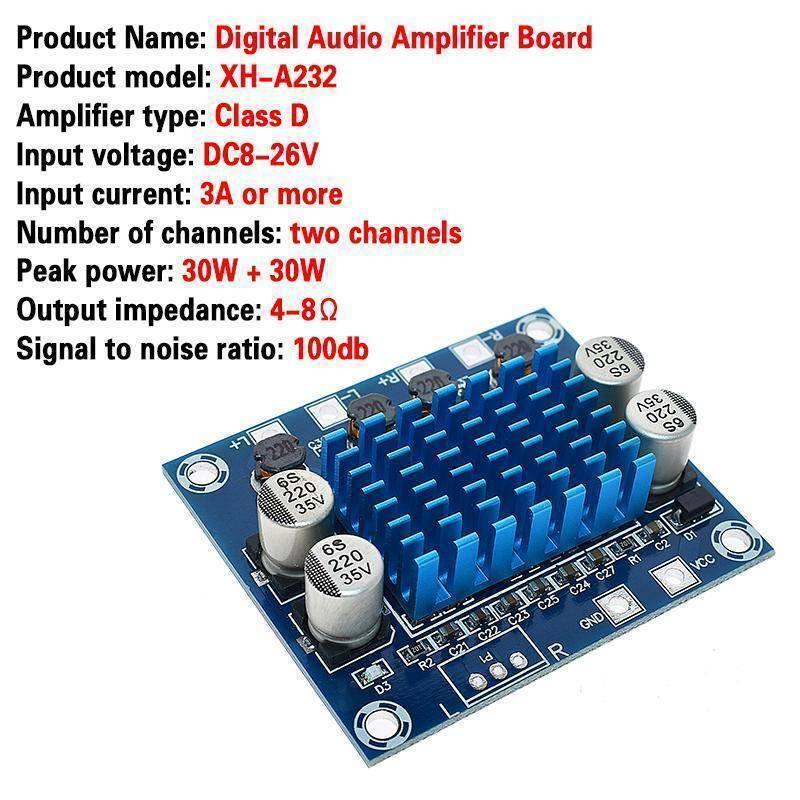 Durable TPA3110 XHA232 30W + 30W 2.0 Channel Digital Stereo Audio Power Amplifier Board - with a blue circuit board, a large blue heatsink, and four capacitors.