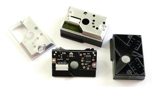 Dust Sensor Module GP2Y1010AU0F Compact Optical Dust Sensor - shown disassembled into its metal casing, black plastic housing, and internal circuit board with a white connector port.