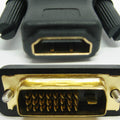 DVI To HDMI Converter DVI-i Male To HDMI Female Video Plug Adapter - a close-up of the black HDMI female port and gold-plated DVI-i male connector.