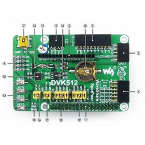 DVK512 Raspberry Pi Expansion Board - a green circuit board featuring numbered ports, buttons, a battery holder, and various pin headers and jumpers.