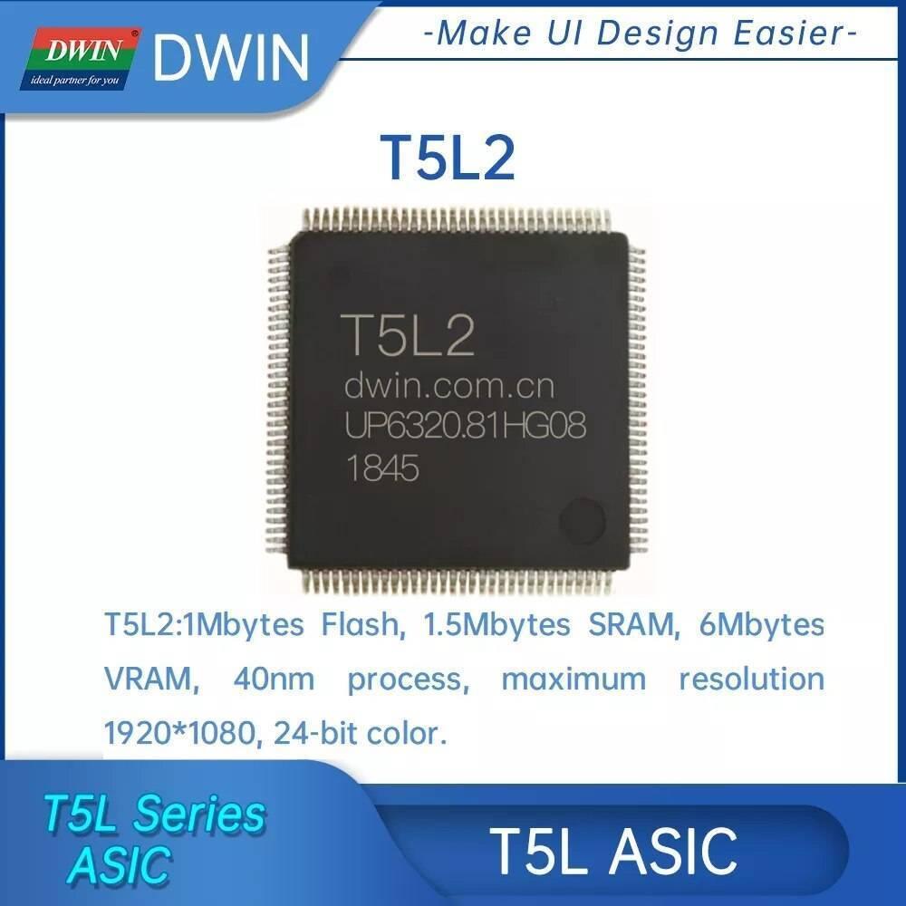 Dwin 10.1 Inch HMI Modbus TFT Lcm DMG10600T101-a5wtr Industrial Grade - Dwin T5L2 ASIC, a square black integrated circuit chip with silver pins on all four sides, featuring printed white text including specifications.