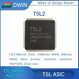 Dwin 10.1 Inch HMI Modbus TFT Lcm DMG10600T101-a5wtr Industrial Grade - Dwin T5L2 ASIC, a square black integrated circuit chip with silver pins on all four sides, featuring printed white text including specifications.