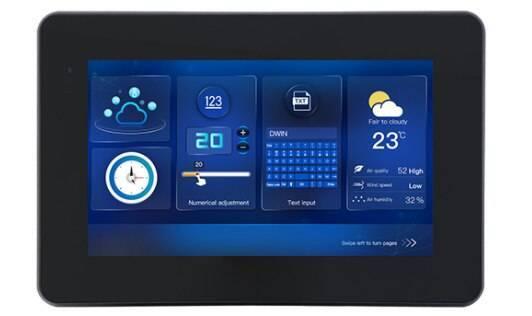 Dwin 10.1 Inch HMI Modbus TFT Lcm DMG10600T101-a5wtr Industrial Grade - a black rectangular industrial display showing a blue graphical user interface with weather data.
