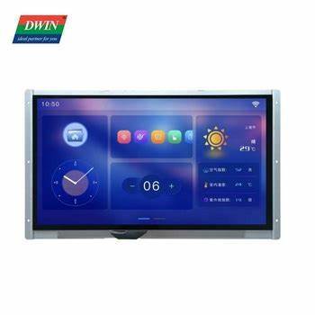 Dwin 15.6 Inch HMI LCD Touch Colorful Screen 1364x768 TFT Display Module RS232/ TTL UART LCD Smart Panel DMG13768C156_03WTC - a rectangular display module with a digital clock, weather icon, temperature reading, and menu icons.