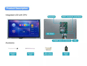Dwin 15.6 Inch HMI LCD Touch Colorful Screen 1364x768 TFT Display Module RS232/ TTL UART LCD Smart Panel DMG13768C156_03WTC - front and back views, including a UI display, speaker, SD slot, and four included cables and accessories.