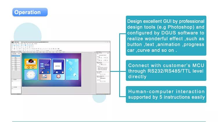 Dwin 15.6 Inch HMI LCD Touch Colorful Screen 1364x768 TFT Display Module RS232/ TTL UART LCD Smart Panel DMG13768C156_03WTC - a software interface diagram with a GUI design tool displaying icons, a clock, and a weather widget.