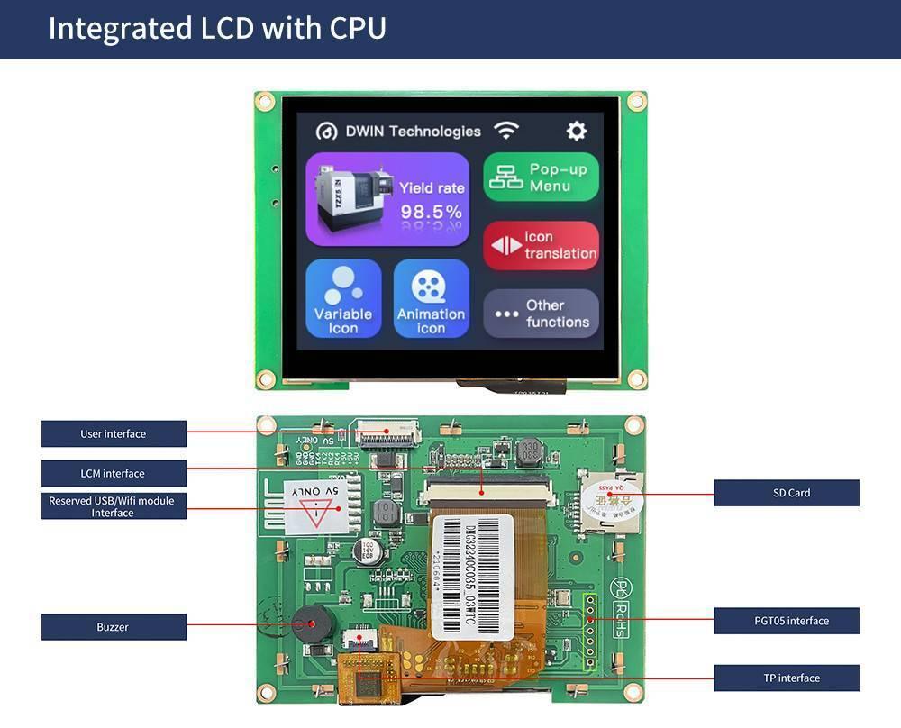 Dwin 3.5 Inch HMI TFT Touch Screen LCD Display DMG32240C035-03WTR - the front display with a DWIN Technologies menu and the reverse side with ports and a buzzer.