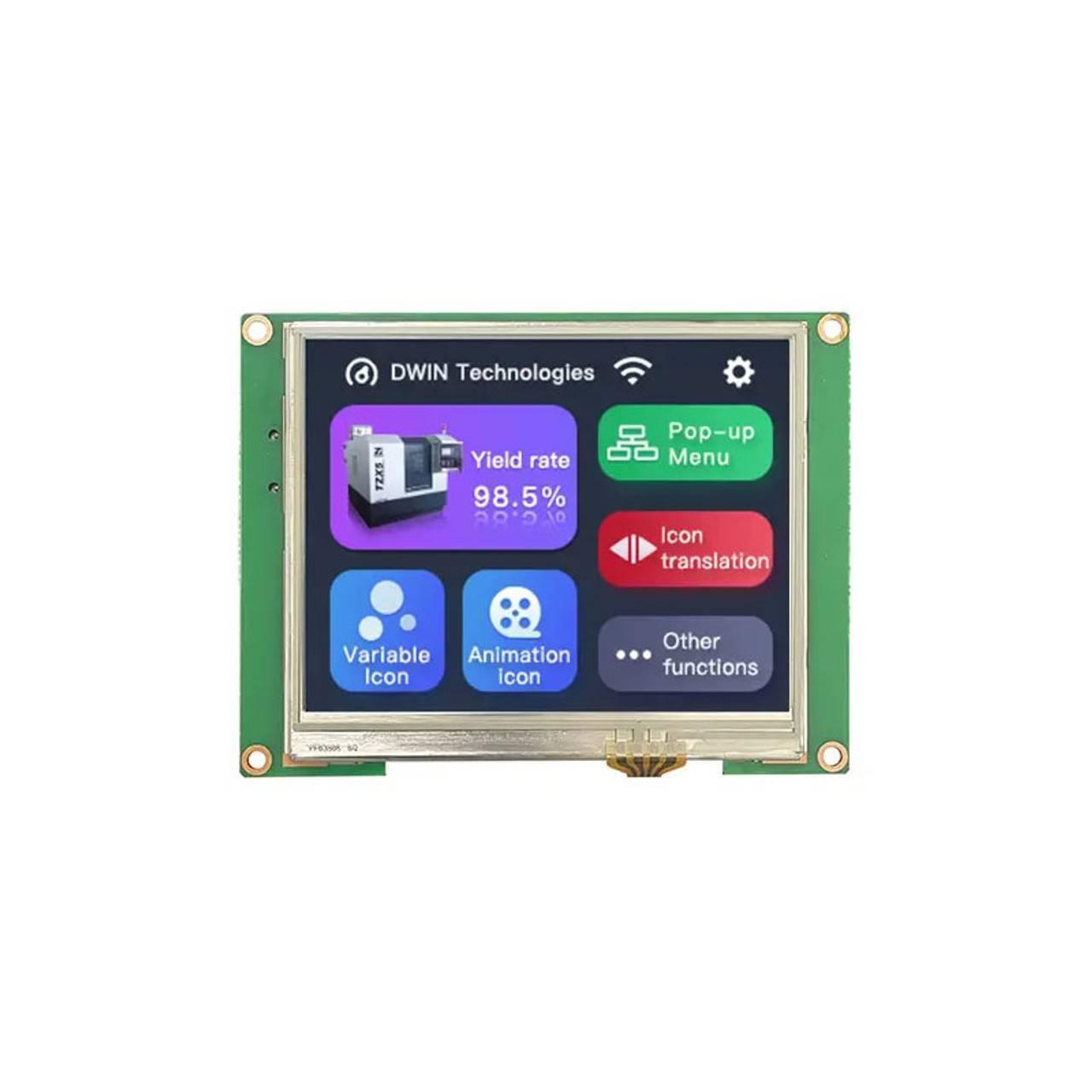 Dwin 3.5 Inch HMI TFT Touch Screen LCD Display DMG32240C035-03WTR - a rectangular screen on a green PCB displaying a menu with icons and text.