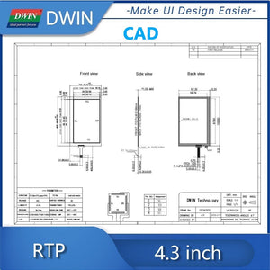 Dwin 4.3 Inch 4 Wire Resistive Touch Panel YF04303 - front, side, and back views with detailed measurements in millimeters.