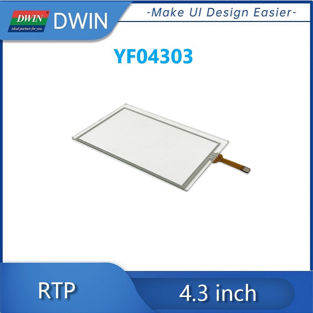 Dwin 4.3 Inch 4 Wire Resistive Touch Panel YF04303 - a rectangular clear touch screen with a flexible brown ribbon cable connector extending from one side.
