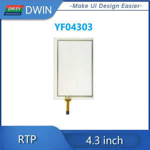 Dwin 4.3 Inch 4 Wire Resistive Touch Panel YF04303 - a rectangular, transparent touch screen with a flexible ribbon cable connector at the bottom.