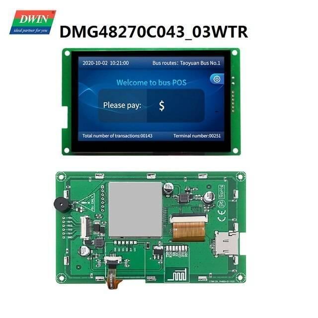 Dwin 4.3 Inch HMI TFT Touch Screen LCD Display DMG48270C043-03WTR - the front display and green circuit board with ports, connectors, and a buzzer.