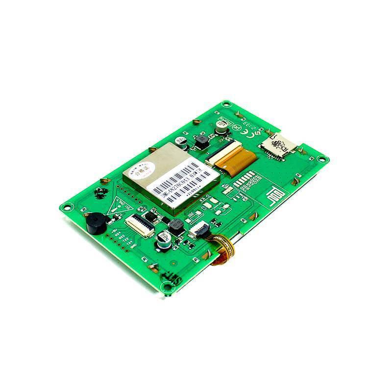 Dwin 4.3 Inch HMI TFT Touch Screen LCD Display DMG48270C043-03WTR - the green circuit board back with a silver module and various ribbon connectors.