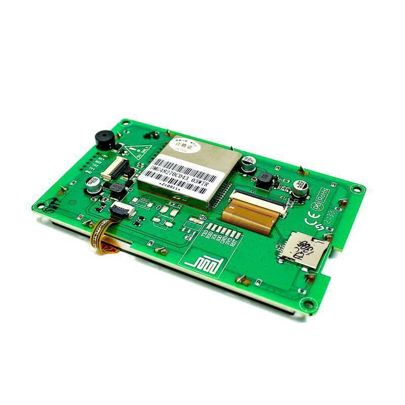 Dwin 4.3 Inch HMI TFT Touch Screen LCD Display DMG48270C043-03WTR - the green circuit board back with a metal shield, ribbon cables, and SD card slot.