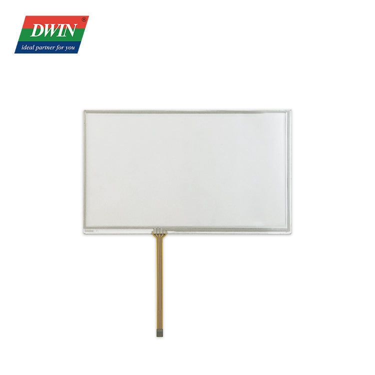 Dwin 7 Inch 4 Wire Rtp Resistive Touch Panel YF07002 Shipping not avaialble for this item - a rectangular white touch screen with a thin, four-pin flexible ribbon cable extending from the base.