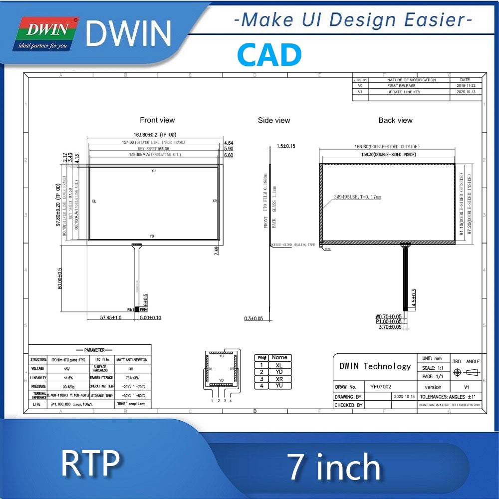 Dwin 7 Inch 4 Wire Rtp Resistive Touch Panel YF07002 Shipping not avaialble for this item - front, side, and back view dimensions with a parameter table.