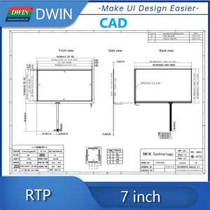 Dwin 7 Inch 4 Wire Rtp Resistive Touch Panel YF07002 Shipping not avaialble for this item - front, side, and back view dimensions with a parameter table.