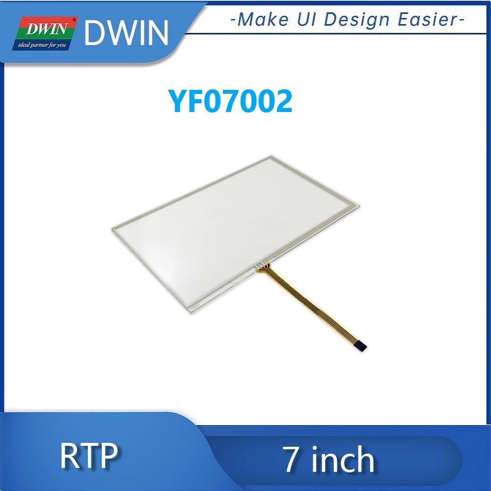 Dwin 7 Inch 4 Wire Rtp Resistive Touch Panel YF07002 Shipping not avaialble for this item - a rectangular white screen with a flexible ribbon cable connector extending from one side.