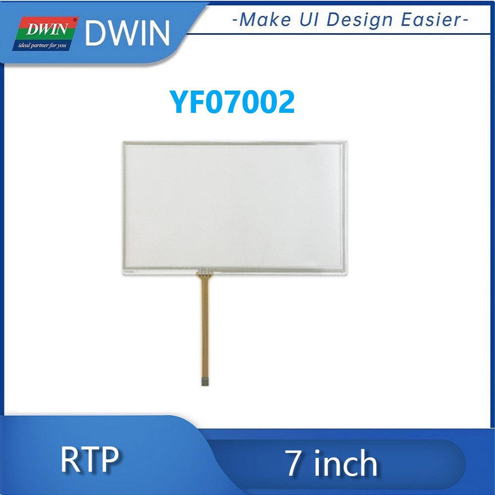 Dwin 7 Inch 4 Wire Rtp Resistive Touch Panel YF07002 Shipping not avaialble for this item - a rectangular white screen with a thin flexible ribbon cable extending from the bottom center.