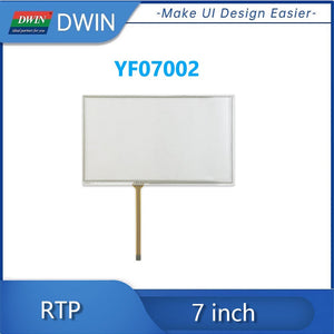 Dwin 7 Inch 4 Wire Rtp Resistive Touch Panel YF07002 Shipping not avaialble for this item - a rectangular white screen with a thin flexible ribbon cable extending from the bottom center.