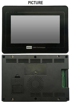 Dwin 7 Inch Industrial HMI LCD Touch Screen 800x480 Display Module DMG80480T070 A5 Wtr - front and back views with a black frame, blank display, SD slot, and connectors.