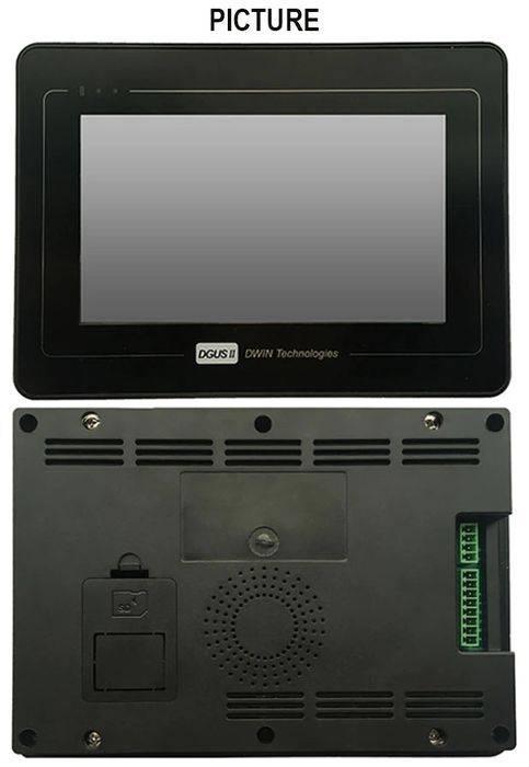 Dwin 7 Inch Industrial HMI LCD Touch Screen 800x480 Display Module DMG80480T070 A5 Wtr - front and back views with a black frame, blank display, SD slot, and connectors.