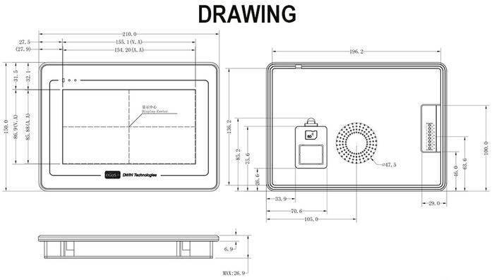 Dwin 7 Inch Industrial HMI LCD Touch Screen 800x480 Display Module DMG80480T070 A5 Wtr - front, back, and side views with technical measurements.