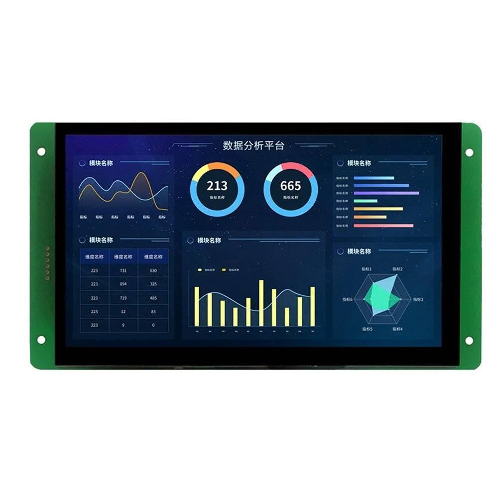 Dwin 7inch LCD Display Capacitive Touchscreen DMG80480C070_03WTC - a rectangular screen with a green mounting frame displaying a data analysis UI.