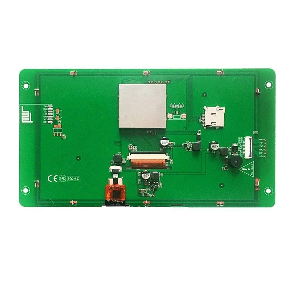 Dwin 7inch LCD Display Capacitive Touchscreen DMG80480C070_03WTC - the green rear circuit board with a silver shield, SD card slot, and connectors.