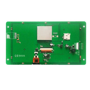 Dwin 7inch LCD Display Capacitive Touchscreen DMG80480C070_03WTC - the green rear circuit board with a silver shield, SD card slot, and connectors.