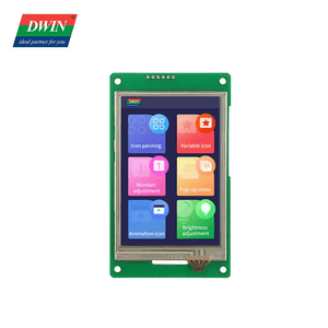 Dwin HMI 3.5 Inch LCD Resistive Touch Display DMG48320C035_03WTR - a green circuit board with a screen displaying icons for icon, variable, and menu.