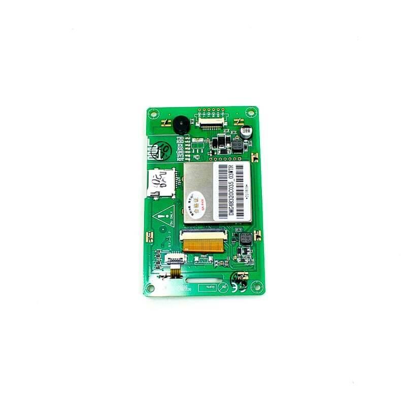 Dwin HMI 3.5 Inch LCD Resistive Touch Display DMG48320C035_03WTR - the green circuit board back with a central metal module and ribbon cable.