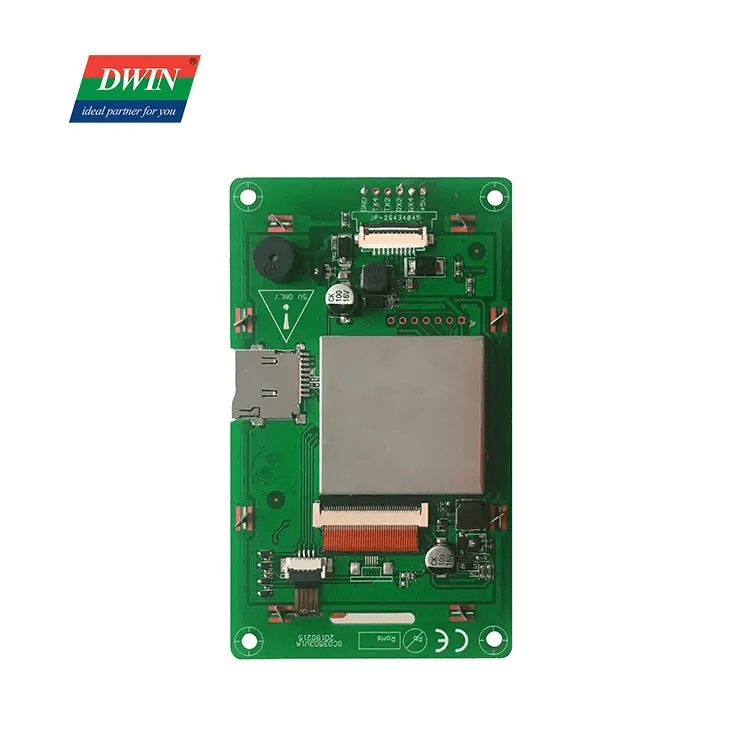Dwin HMI 3.5 Inch LCD Resistive Touch Display DMG48320C035_03WTR - the green rear circuit board with a silver metal shield, SD card slot, and connectors.