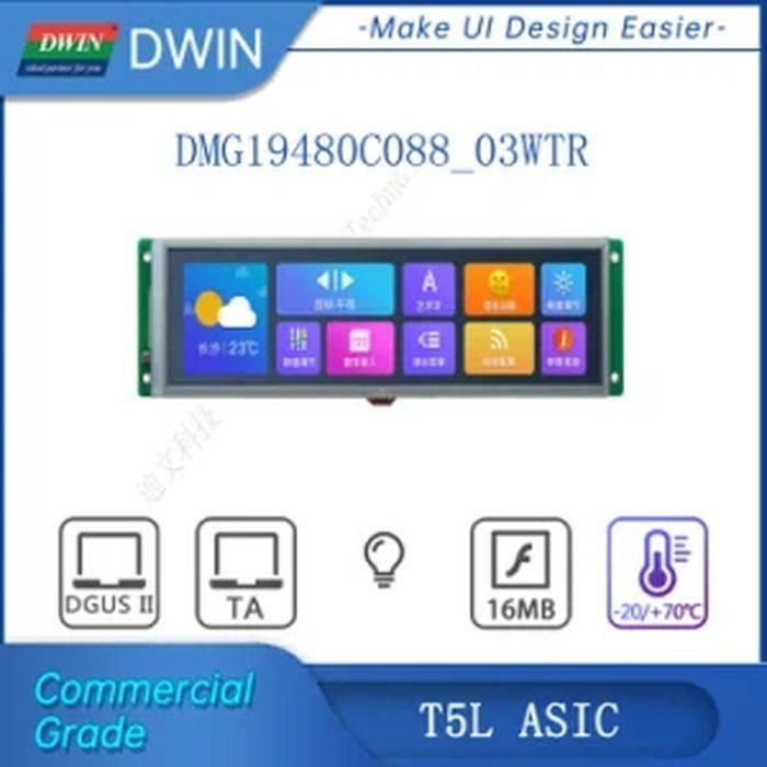 Dwin T5l 8.88inch TFT LCD Touch Panel Module 1920x480 Resolution 16.7m Colors IPS Screen HMI Display DMG19480C088_03WT - a rectangular screen with a colorful graphical user interface featuring icons and text.